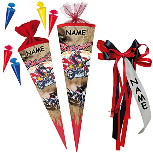 alles-meine.de GmbH Set mit LED Licht - Effekt ! - Schultüte + 5 kleine Zuckertüten - Motorrad - Motocross - Enduro - 85 cm - 12 eckig - incl. Name und individueller großer SCH..