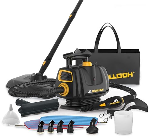 McCULLOCH MC1270 - Limpiador eléctrico portátil con fregona de Piso, Vapor Variable, Juego de Accesorios de 16 Piezas, Limpieza Natural sin químicos, Color Negro