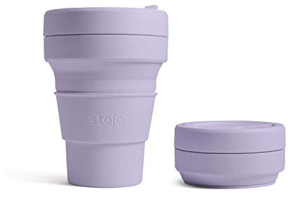STOJO On-The-Go Collapsible Coffee Cup - 12oz / 355ml - Reusable & Foldable Silicone Travel Mug with Lid - Portable, Pocket Size - Dishwasher Safe - Lilac