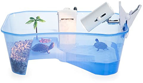 Schildkrötenbecken Reptilien Starter Kit Terrarium inkl. Zubehör mit UV Wärmelampe + Wasserfilter + Felsen + Palme - Aquarium, Lebensraum für Terrapin Schildkröten, Reptilienterrarium