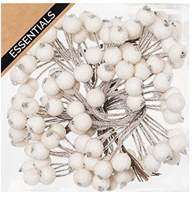 FloristryWarehouse - Bayas de acebo artificiales brillantes de color blanco esmerilado (12 mm x 108) en alambre para manualidades de Navidad