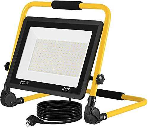 Froadp 200W LED Baustrahler, Warmweiß Fluter mit Klappbügel Stand 3m Netzkabel mit Stecker, Aluminiumgehäuse Arbeitsscheinwerfer IP66 Wasserdicht, Außenleuchte mit Blitzschutz für Gärten Stadien