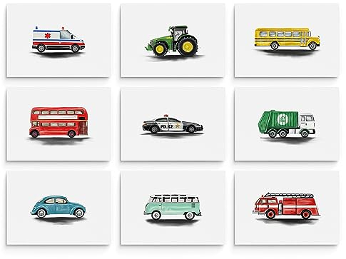 Hambient Poster Kinderzimmer - Bilder Babyzimmer Deko, Junge, Mädchen - Wandbilder, Kinderposter, Dekoration - 6er Bild Set (21 x 30 cm - Ohne Rahmen, Feuerwehrauto Polizeiauto Bus)
