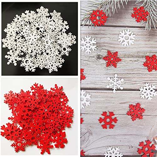 RUIYWEN 100 Pezzi 3,5cm Ornamenti di Fiocchi di Neve in Legno Appendere di Natale per Decorazione della Festa di Natale e Fai da Te (50 Bianco e 50 Rosso)