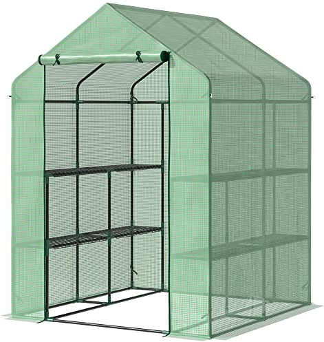 Outsunny Foliengewächshaus begehbares Gewächshaus mit 8 Regalebenen Tomatengewächshaus Treibhaus Frühbeet mit Tür Grün Stahl PE-Kunststoff 143 x 138 x 190 cm