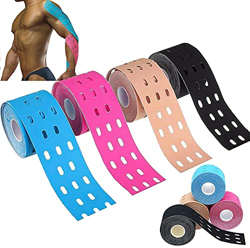 4 Stück Kinesiologie Tape, 5cm x5m Perforiertes Physiotape Kinesiotapes, Atmungsaktiv Wasserfest Physiotape, Physio Tape für Knie, Schulter und Ellenbogen