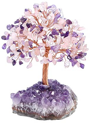 Jovivi Chakra Albero di Cristallo con Base Geode Ametista Albero dei Soldi Cristalli e Pietre Decorazione Ornamento Albero della Vita Soprammobile Portafortuna - Ametista Quarzo Rosa Cristallo Bianco