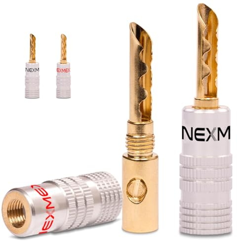 NEXMEX Hohl Bananenstecker 4mm - 4 Stück Stecker als Set - Hohl Steckverbinder 24K vergoldet Hohlbananas für Lautsprecherkabel - HiFi Lautsprecheranschluss
