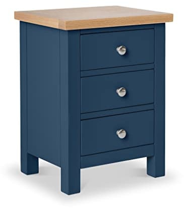 RoselandFurniture Farro Navy Blue 3 Drawer Bedside Table | Fully Assembled, Painted Wooden Night Stand Cabinet with Oak Top, Modern Urban Style, H56cm W42cm D32cm