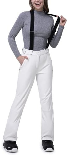 33,000ft Damen Skihose Hosenträgerhose Outdoorhose Wasserdicht Winddichte Softshellhose Warme Gefütterte Schneehose Snowboardhose Skilanglaufhose Thermohose Wanderhose Ski Pant, Weiß XL