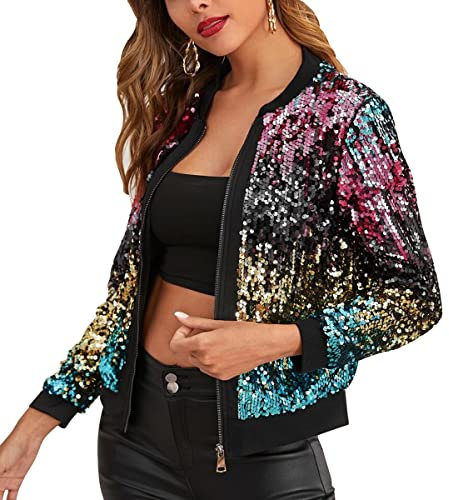 ORANDESIGNE Baseball Jacke Damen Pailletten Reißverschluss Langarm Jacken Frühling Herbst Kurze Jacke Outwear mit Taschen Frauen Retro Casual Baseball Bomberjacke Bikerjacke F Violett L