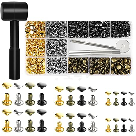 Iegefirm 480 Jeux de Rivets en Cuir, Rivets à Double Capuchon Tubulaires 4 Couleurs 3 Tailles Clous MéTalliques avec Outils de Fixation pour Bricolage Cuir/Artisanat