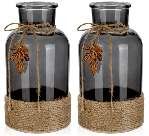 Briful Lot de 2 grands vases à fleurs en verre de 20 cm de haut enveloppés d'une corde de jute avec feuille d'érable réaliste en cristal pour décoration de table