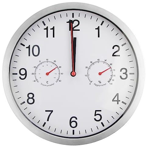 Wanduhr Geräuschlosem Uhrwerk mit Temperaturanzeige und Luftfeuchtigkeit Moderne Ohne Tickgeräusche Lautlos Edelstahlrahmen Uhr für Küche Wohnzimmer Badezimmer Schlafzimmer (Silber+Weiß)