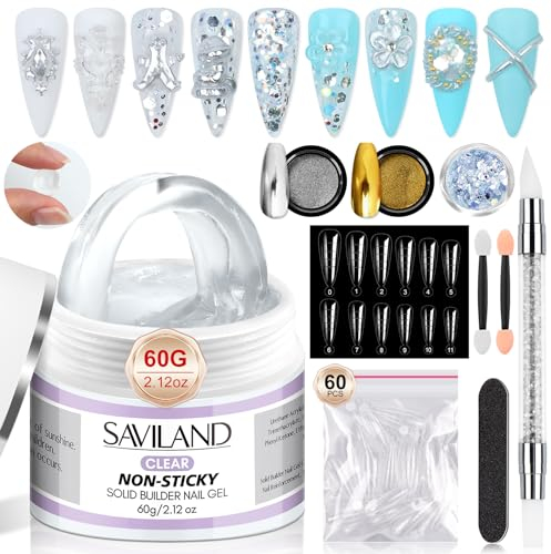 Saviland Festes Builder Gel: 60g Solid Non Stick Hand Klare Nägel Glue Press on Nail 3D Gel Nail Art mit Tool Set mit 2 Chrome Nail Powder für Tips Nail Extension Multifunktionales Mustern DIY Hause