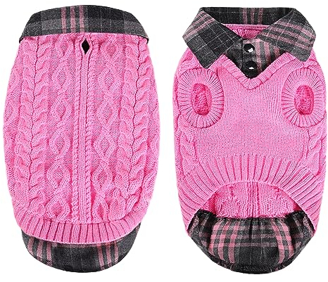 CITÉTOILE Warme Hundepullover mit Karomuster, Rollkragen & Leinenlöchern – Winter Welpenkleidung für kleine/mittlere/große Hunde Katzepullover für Weihnachten, Rosa, XL