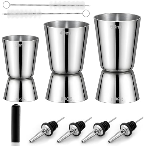 Doseur Jigger Cocktail 30/40/50ml Doseur à Alcool en Acier Double Inoxydable Tasse à Mesurer Doseur Alcool avec 4 Verseur de Vin 2 Brosses pour Bar Maisons Fête Gin Shaker