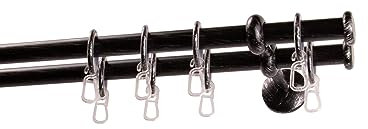 Garesa Gardinenstange Esperanca Ø 16mm, 2-läufig, Schwarz/Silber I Rustikale Vorhangstange inkl. Ringe + Faltenlegehaken I Mit Endknopf Kappe I Wandmontage I 160cm