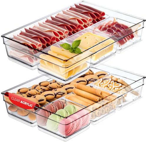 Bandeja de servir (juego de 2) Bandeja de servir de 4 secciones, bandeja de acrílico transparente para fiestas, bandejas de alimentos y galletas para servir, bandeja transparente para queso, frutas y