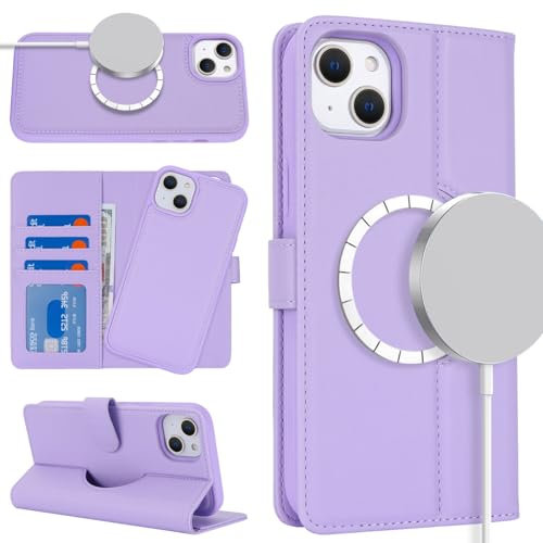 Zouzt for iPhone 13/14 6.1 Inch Detachable Wallet Case with Card Holder for MagSafe, Premium PU Leather 2 in 1 Flip Folio Book Magnetic Stand Protective Phone Cover for iPhone 13/14 - Purple