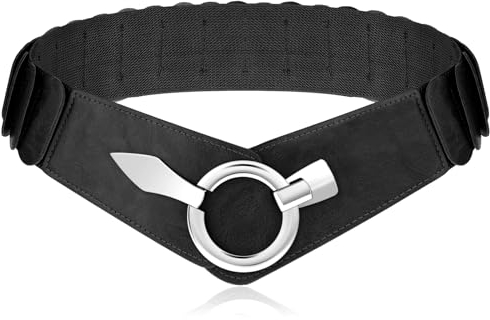 Andibro Damen Breiter Elastischer Taillengürtel,PU Leder Breiter Hüftgürtel Mode Vintage Stretchgürtel mit Silberner Ring-Schließe(Schwarz, M(75-100cm/29.5-39.3in))