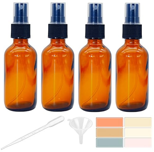 Zkupanx Paquete de 4 botellas pequeñas de vidrio ámbar de 2 onzas, botella de spray vacía para cabello, plantas, perfume, niebla fina, mini botella de spray de 2 onzas
