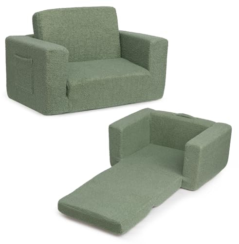 BEJOY Kindersofa Aufklappen 2-in-1 Schlafsofa, Kindersessel, Teddyfell Kinder Couch Sofa Ausklappbar für Kinderzimmer Kindertags- und Geburtstagsgeschenk für Mädchen und Jungen, Lorbeergrün