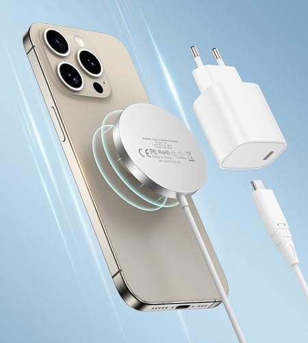 Caricabatterie Mag-Safe, Stazione di Ricarica Magnetica, Caricatore Senza Fili Induttivo, Caricabatterie Wireless Compatibile con iPhone 15/14/13, AirPods Ultra Slim con Adattatore USB C 20W