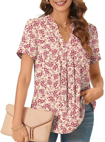 Bestbee Ladies Summer Tops, Dressy Chiffon Blouses Pleated Shirts Notch V Neck Short Sleeve Tunic Tops Casual T-Shirts, Beige+deep Red Flower, L