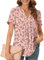 Bestbee Ladies Summer Tops, Dressy Chiffon Blouses Pleated Shirts Notch V Neck Short Sleeve Tunic Tops Casual T-Shirts, Beige+deep Red Flower, L