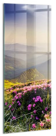 Wallfluent Bild Für die Küche Badezimmer und Schlafzimmer Dicke 4mm Wanddekoration Wandbild Glasbild Gehärtetes Glas Mit Motiv 50x125cm - Berge und Blumenwiese