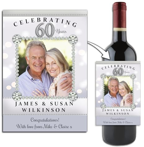 Personalised 60th Diamond Wedding Anniversary Photo Wine or Champagne Bottle Sticker Label N197