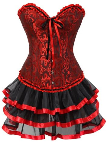 Cexiakong Moulin Rouge Gothic Corsagenkleid Kor t Spitenrock Übergrößen Burlesque Corsage Kor t mit Tütü Tüllrock Jacquard Korsage Kostüm Kor t Rock Cor Dress Corsagenkleid Set