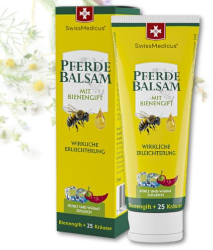 SwissMedicus Pferdebalsam mit Bienengift & 25 Kräuter - gleichzeitig kühlen und wärmen - zur Massage der Haut im Bereich beanspruchter Rücken & Gelenke (75 ml)