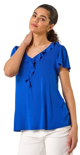 Roman Women Frill Front Vest Top Ladies Ruffle Blouse Summer Spring Special Occasion Evening Holiday Cruise Cocktail Party Short Long Sleeve Sleeveless V-Neck - Satin Royal Blue - Size 16