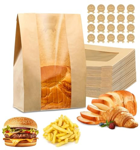 20 Pcs Bread Bags For Homemade Bread, Bread Bags, Paper Bags For Bread, Kraft Paper Bakery Bag With Clear Window, Sourdough Bread Bags, For Baked Food Packaging Storage, Bonus Label Seal Sticker