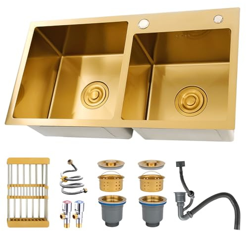 ATHOMASM Dorado Fregadero Cocina 2 Seno 75x40cm, Fregadero Cuadrado de Acero Inoxidable, Apto para instalación bajo encimera, Enrasado o Sobre encimera