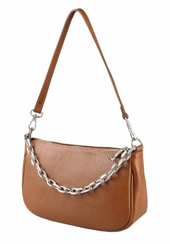 Made in Italy Damen Leder Tasche Pochette mit Kette Schultertasche Handtasche City Bag Umhängetasche Clutch Ledertasche Bodybag Schmucktasche Crossbody Cross-Over Cognac(Silber)