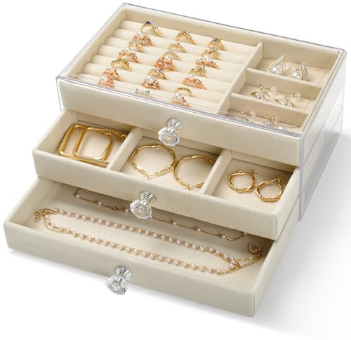 CHARMDI Acrylic Jewellery Box for Women with 3 Drawers, Girls Jewellery Storage with Dividers,Organiser box for Rings Bangle Bracelet Necklace and Earring Beige
