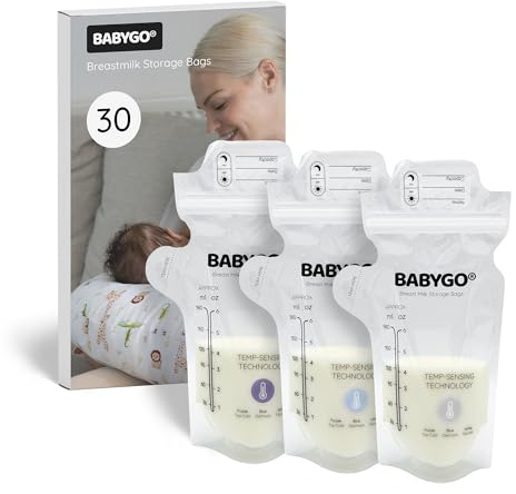 BABYGO® 30 Pcs Breast Milk Storage Bags, Temp-Sensing, Leak-Proof | UK Brand, Loved By Over 1 Million Mums. Double Seal, Wide Pour Spout, Stands to Fill, Freezes Flat, BPA Free