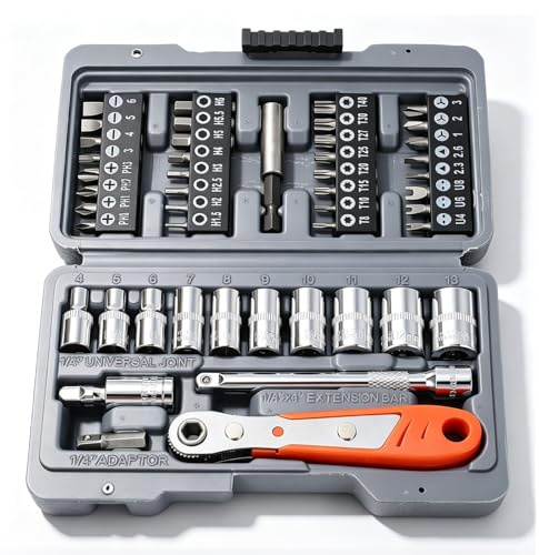 Candeon 47 PCS Set Cacciaviti Chiave A Cricchetto Magnetica,1/4 Mini Bussola Chiave A Cricchetto Reversibile Cacciavite Ad Angolo A Cricchetto Con 32pz Punte (25mm), 10pz Bussole