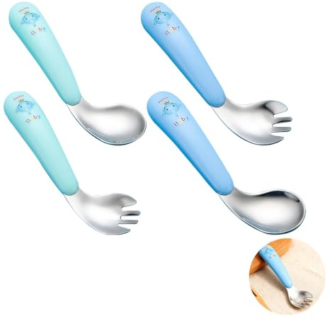 Dstarymnix Cubiertos de Aprendizaje de Acero Inoxidable, Set de Cubiertos para Autosuficiencia, Cuchara Curvada y Tenedor Ergonómicos para Aprender a Comer, Acero Inoxidable 304, Set de 4 Piezas