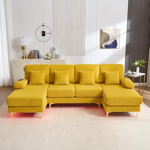 FammyLoft U-Sofa mit LED Ambientebeleuchtung, Ecksofa mit Schlaffunktion, Sofa Bed mit 4 Luxuriöse Kissen, Ergonomische Schlafcouch, für Wohnzimmer/Schlafzimmer, Massivholzrahmen, 265cm, Gelb