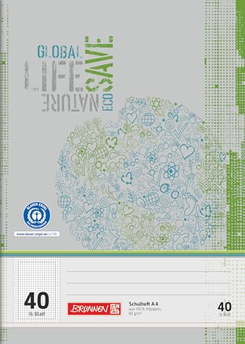BRUNNEN Schulheft Recycling | A4, Lineatur 40, 16 Blatt, grün/grau