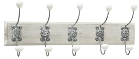 ReWu Wandgarderobe Landhausstil mit 5 Haken, Vintage Hakenleiste aus Holz und Metall, weiß braun, Shabby Chic Garderobenleiste für Flur, Küche, Bad und Schlafzimmer