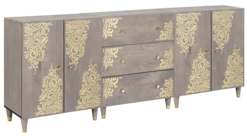 fadaoet 3 Piece Solid Mango Wood Bathroom Cabinet Set Grey and Gold 180 x 33 x 75 cm with Storage Space, Shelves and Drawers for Modern Bathroom and Practical Storage