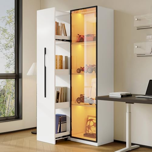staronce Glasvitrine LED Vitrinenschrank Vitrine stehend Sideboard Rollen | Vitrine mit Beleuchtung, ausziehbar, Alu-Rahmen, Soft-Close, 70x40x160 cm, 50kg. Sammlervitrine weiß