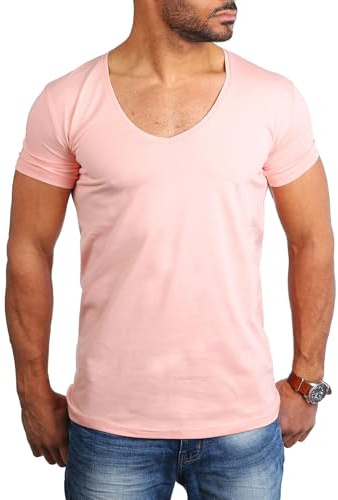 Young & Rich Herren Uni T-Shirt Basic mit extra tiefem V-Ausschnitt Slimfit deep V-Neck Stretch dehnbar 1315, Grösse:S, Farbe:Rosa