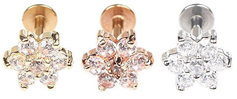 BODYA 3pcs 16G 7mm Cubic Zirconia Flower Lip Rings Labret Nose Studs Helix Round Shape Stud Earring Body Piercing Jewelry Three Tone