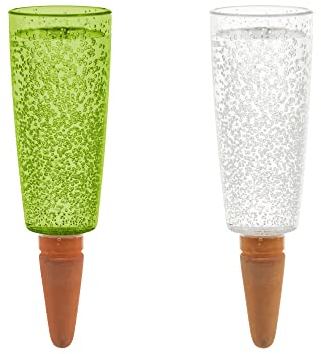 Scheurich Wasserspender Copa XL | 10er Set Grün/Transparent | 500 ml Füllmenge | Bewässerungskugel klein mit Ton Fuß | Wasserspender Pflanzen und Blumen Terrakotta Stiel